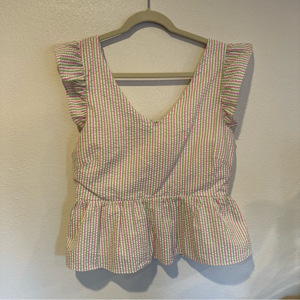 Draper James Pink and Green Seersucker Striped Peplum Blouse Size L